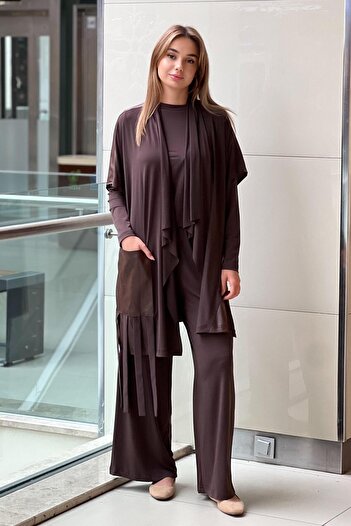 Nurcan Çetin Leather Patterned Pocketed Fringe Detailed Cap Trousers Triple Taım