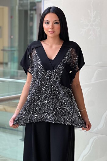 MİANOTTE Sequined Sleeveless Mesh Blouse