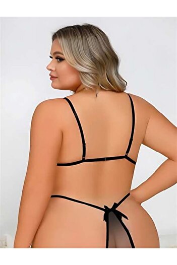 civetta Plus Size Black Lace Embroidered Low-Cut Fancy Babydoll