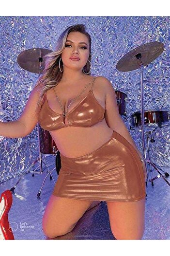 Secretsita Plus Size Brown Leather Fancy Suit with Chain Accessories and Skirt