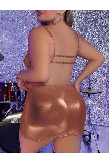 Secretsita Plus Size Brown Leather Fancy Suit with Chain Accessories and Skirt