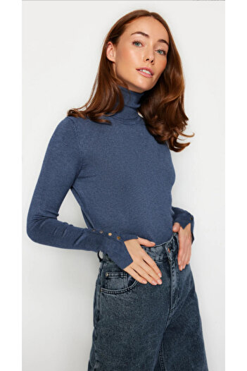 Dilvin 1268 Turtleneck Sleeve Drop Sweater-Dark Indigo Melange