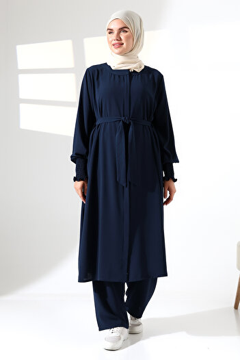 ihvan online Women's Linen Hajj and Umrah Clothing Belted Hijab Two-Piece Set - Navy Blue