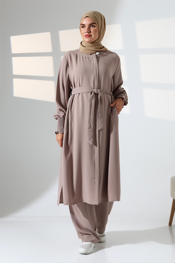 ihvanonline Women's Linen Hajj and Umrah Clothing Belted Hijab Two-Piece Set - Mink