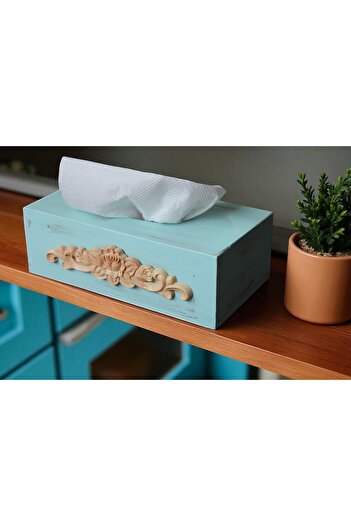 Decoratiuni Vintage Casa Retro Cutie albastra din lemn pentru servetele si ornament sculptat de lemn, pictate manual, 13*25 cm