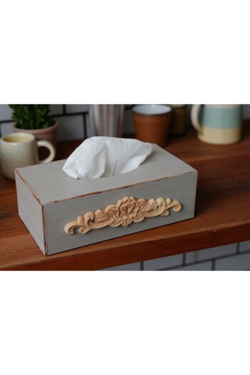 Decoratiuni Vintage Casa Retro Napkin box and carved wooden ornament, hand-painted antique gray, 13*25 cm