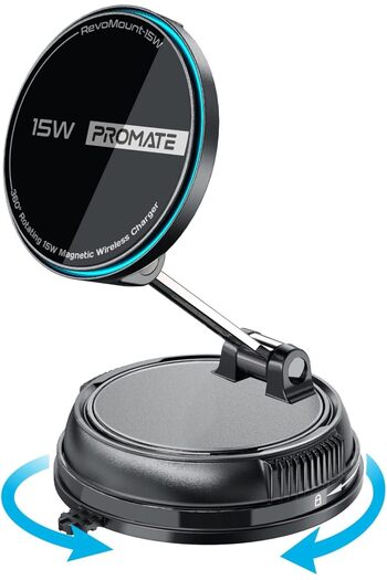 Promate 15W MagSafe Wireless Car Charger Mount with SecureGrip 52N Magnet, 360° Rotating Dual Shaft