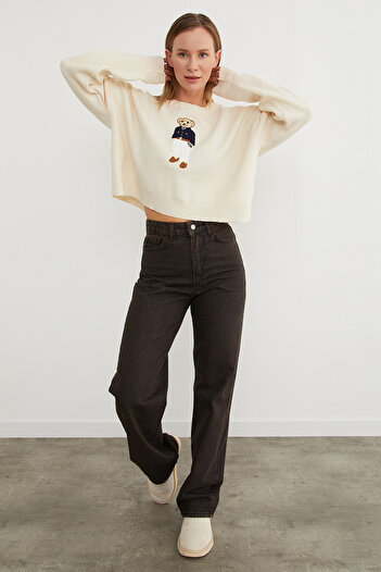 Fulla Moda Ayıcık Nakışlı Oversize Crop Kazak