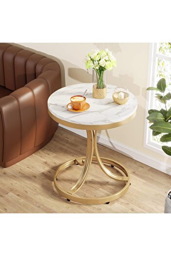 Türkiye Round End Faux Marble Tabletop Modern Accent Tables with 3C-Shapped Metal Legs for Living Room, Whit