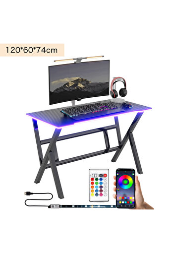 VariFurnx 100/120/140cm Gaming Desk Smart Bluetooth Led Strip Music Sync Computer Desk Carbon Fiber Surface