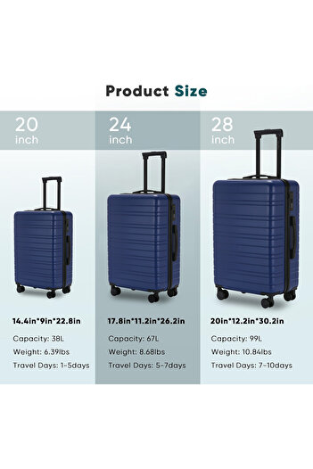 VINNYSEN Luggage Set 3-Piece Hard Shell Suitcase with Wheels TSA Lock Scalable Trolley Luggage Bag 20/24/28"