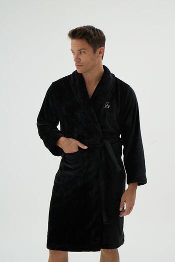 Sevim Men's Pocketed Waist-Tied Short Black Robe C4T4N69