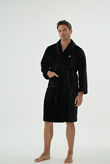 Sevim Men's Pocketed Waist-Tied Short Black Robe C4T4N69