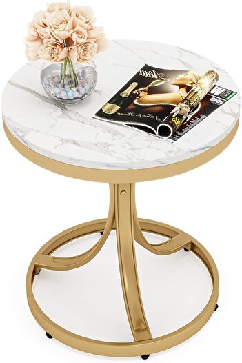 Türkiye Round End Faux Marble Tabletop Modern Accent Tables with 3C-Shapped Metal Legs for Living Room, Whit