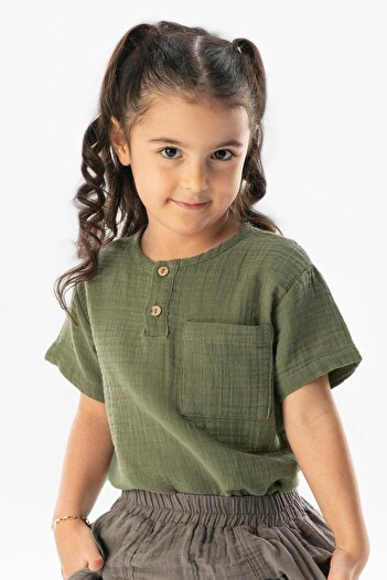 Eliş Şile Bezi Short Sleeve Western Pocket Detailed Summer Muslin Girls' T-Shirt Khaki Hk
