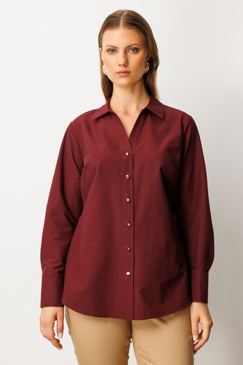 Ekol Women's Plus Size Button Front Polo Neck Shirt 3549 Burgundy