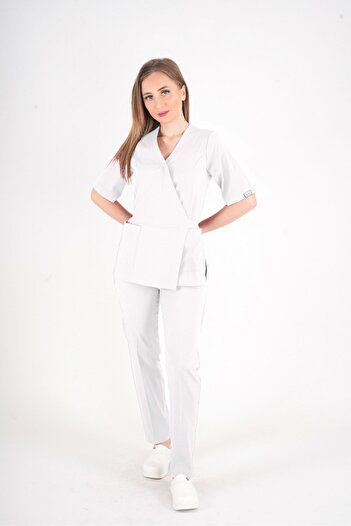 Nur Medikal Giyim Uniformă chirurgicală albă, elegantă, model cu curele la talie