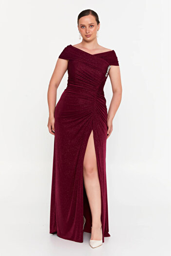 ŞEREF VURAL Women's Plus Size Glitter Deep Slit Maxi Evening Dress 8210 Burgundy
