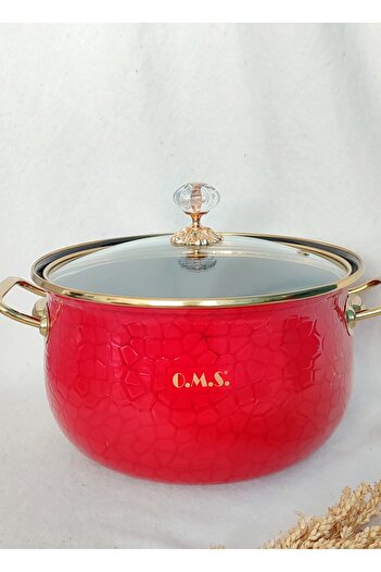 EBRULİEMAYE Red Embossed Wavy Gold Lux Enamel Pot 5 Liters 24 cm Diameter Milk Yogurt Soup Pot