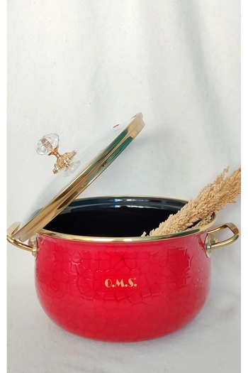 EBRULİEMAYE Red Embossed Wavy Gold Lux Enamel Pot 5 Liters 24 cm Diameter Milk Yogurt Soup Pot