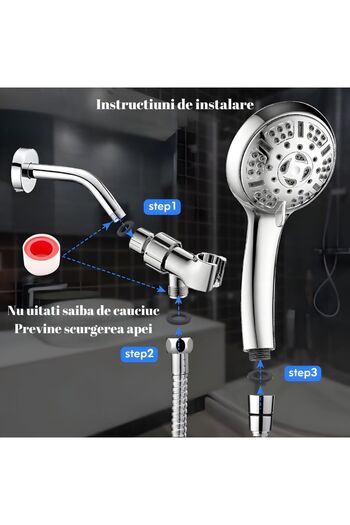 OEM High pressure shower head, 9 functions, Adjustable bracket, 1.5 m flexible hose, Chrome plated