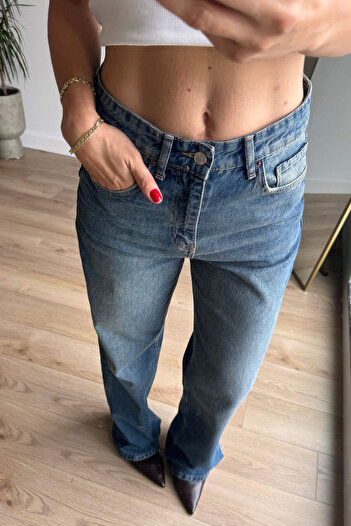 Sue Store Açık Mavi Bol Paça Yüksek Bel Yıkamalı Straight Jean