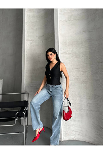 Zerenyus Palazzo Straight Enzim Süper Taş Yıkama Jeans Pantolon Mavi