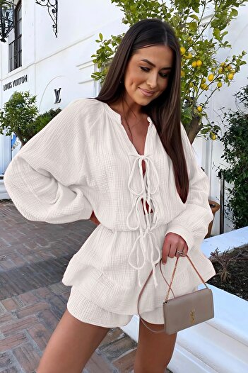 Baby xclub 100% Cotton Layered Muslin Mini Dress with Tie Detail