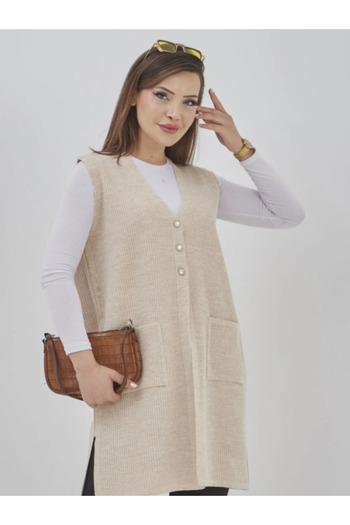 Fresh&Moda Women's Long Seasonal Knitwear Lycra Flexible Pocket Buttoned Vest