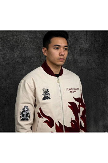 BALİNA Μπεζ Anime Flame Hashira Kyojuro Rengoku Unisex Bomber Jacket -THE SOLO