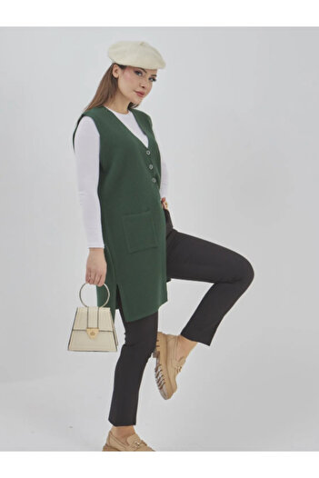 Fresh&Moda Women's Long Seasonal Knitwear Lycra Flexible Pocket Buttoned Vest