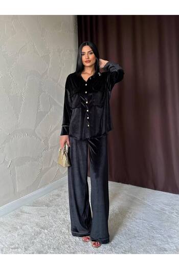 369 etnik butik Gold Button Detailed Velvet Suit