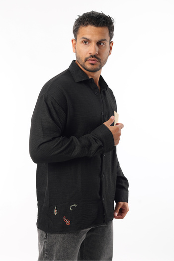 Rodrigo Men's Oversize Straw Pocket Embroidered Black Loose Shirt