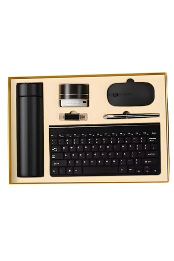 Medeyatech Gift Set: Wireless Keyboard & Mouse, Bluetooth Speaker, Digital Thermo Mug, USB Dual Memo