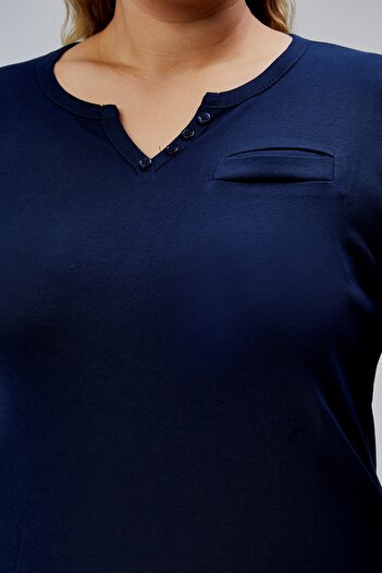 BANEGA Curve Plus Size 100% Cotton Lycra Crew Neck Basic Plain Long Sleeve Navy Blue Blouse