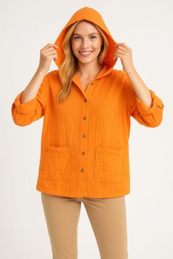 enmodaiçgiyim Orange Color 100% Cotton Muslin Fabric Hooded Pocket Shirt - Comfortable Fit, Foldable Sleeves