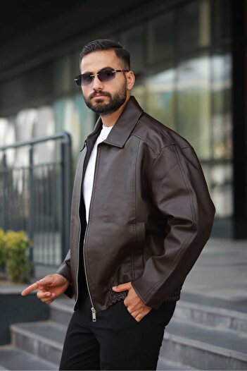 KOCCI Ανδρικό δερμάτινο μπουφάν New Season Oversize Bomber Style Classic Collar Trend