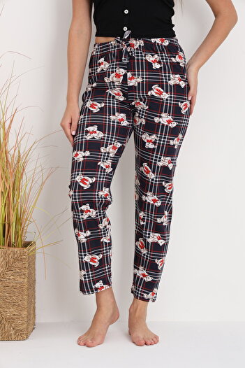 Serena Women's pajama pants with checkered and bear print, loose fit, cotton & polyester