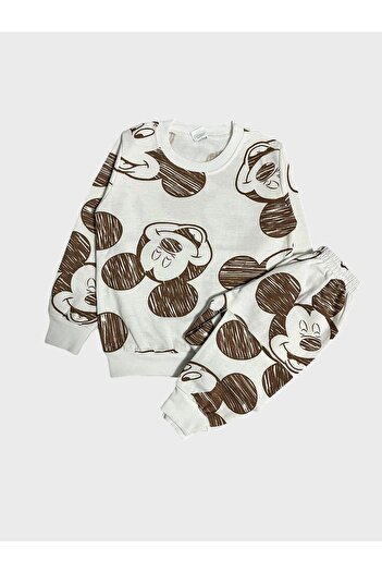 Pajama Shop Boys' Cotton Fabric White Patterned Long Sleeve Ribbed Winter Pajama Set