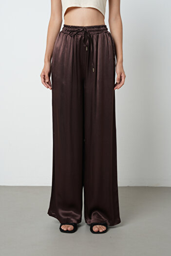 Orfeo Negro Women's Brown Straight 100% Viscose Wide Leg Elastic Waist Trousers