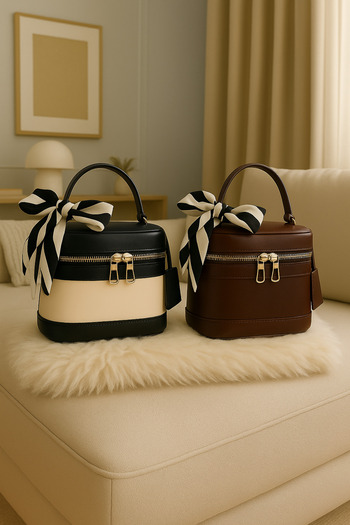 NOTHING Women's Black Cream Brown Rectangular Crossbody Bag with Scarf Gift Set of 2 Hand and Shoulder Bags Melina
