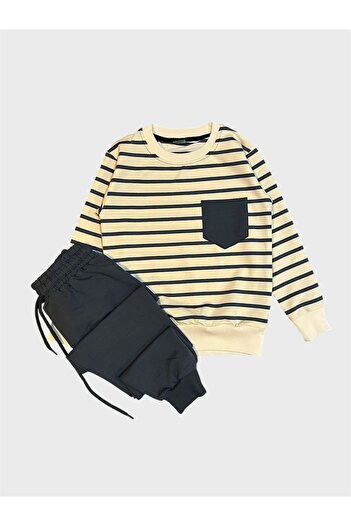 tusem butik homewear Boy's Cotton Cream Smoked Color Striped Long Sleeve Tracksuit Set