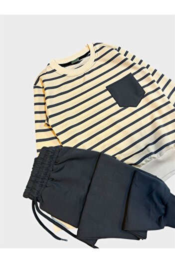 tusem butik homewear Boy's Cotton Cream Smoked Color Striped Long Sleeve Tracksuit Set