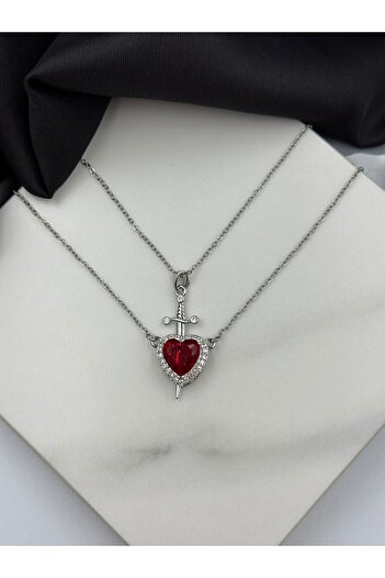 ATALYA ACCESSORY Snow White and the Hunter Necklace Steel Red Heart Sword Couple Necklace Lover Necklace