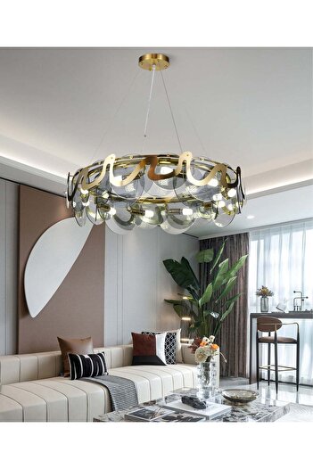RFAN Chandelier, Model H98022/750, Crystal Texture, Metal, 10 X E14, Gold