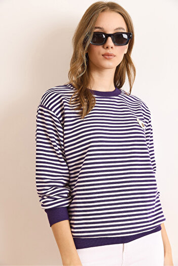 Olalook Women's Purple Teddy Bear Applique Striped Thick Sweatshirt Without Embroidery Swt-19000745