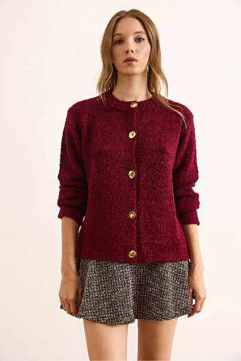 Olalook Women's Burgundy Crew Neck Boucle Knitwear Cardigan Hrk-19000393