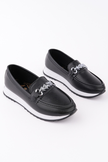 meyra'nın ayakkabıları Women's Black Leather Buckle Orthopedic Sole Ballerinas