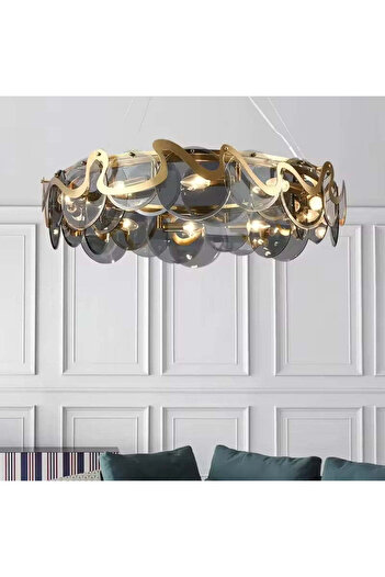 RFAN Chandelier, Model H98022/750, Crystal Texture, Metal, 10 X E14, Gold