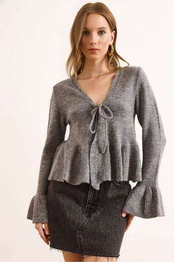 Olalook Women's Anthracite Front Lace-Up Soft Textured Spanish Sleeve Cardigan Hrk-19000395